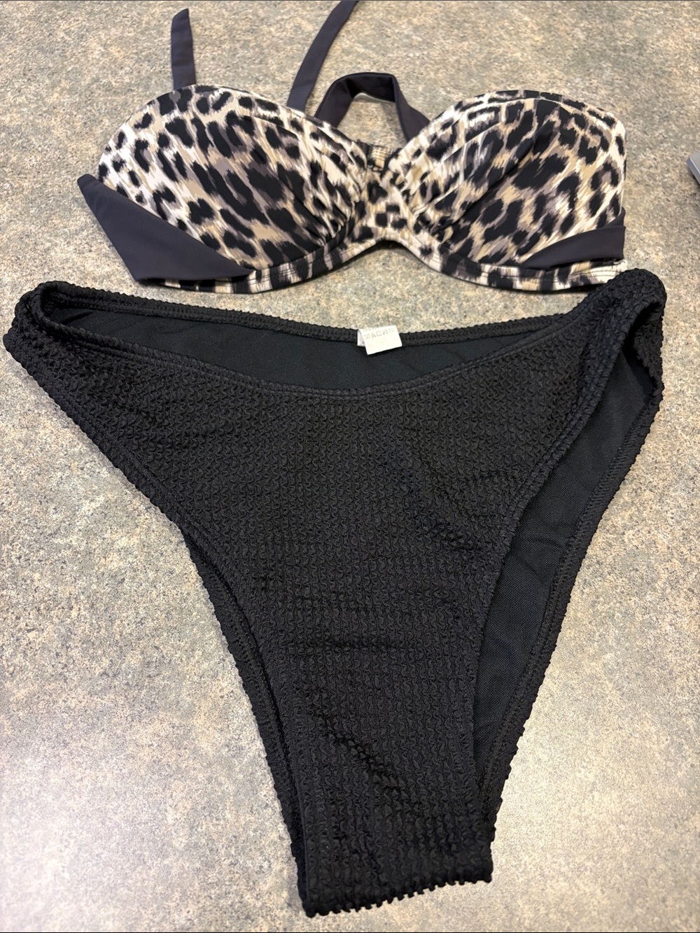 Body Gove Leopard Print Underwire Bikini Top with Black High-Cut Ribbed Bottoms